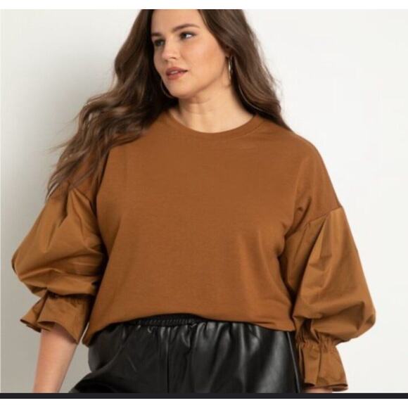 ELOQUII Plus Size Navy Brown Crewneck Mixed Media Sleeves Sweater 26/28 3x 4x - Picture 1 of 8